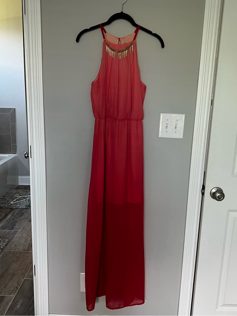 Women’s Coral Red Maxi Dress with Gold Accent
